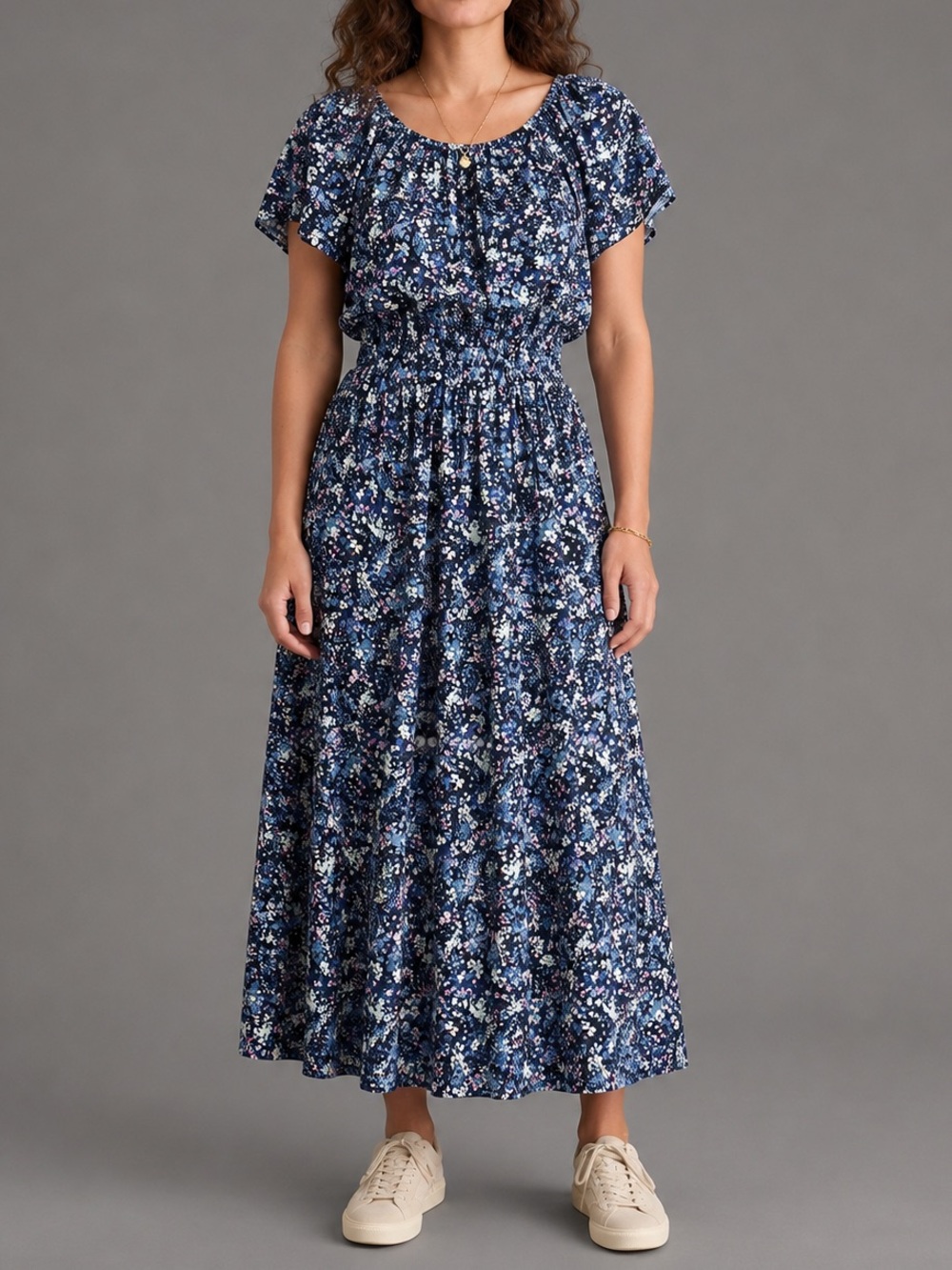 Marine Layer Charlotte Midi Maxi Dress Blue Floral Off Shoulder XL Cottagecore - Picture 2 of 11